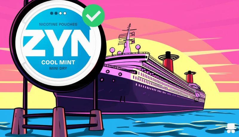 A cruise ship safety sign and a checkmark to show that nicotine pouches are allowed to bring on a cruiseship.
